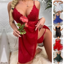 Sexig Spetsskarvad Gaze V-ringad Pyjamasklänning