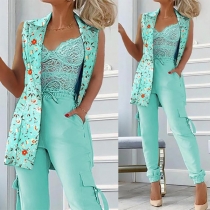 Street Fashion blommigt tryckt tvådelat kostymset: Ärmelös kavaj och dragsko-byxor