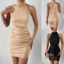 Sexig Paljetthalsbandsklänning med Bling-bling, Ärmfri och Bodycon