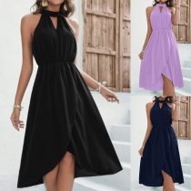 Fashion Solid Color Ärmlös Dress with Front Cutout and Irregular Hemline