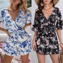 Mode Romper med kort ärm och tryckt blommigt mönster