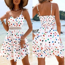 Modefärgglad prickig tryckt V-ringad Backless Mini Slipklänning
