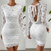 Mode rund hals draperad rygglös långärmad Bodycon spetsklänning