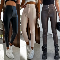 Mode- Högmidjade Knappdetaljerade Konstläder PU Skinny Byxor