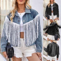 Street Fashion Gammalt tvättad ståkrage långärmad tofs jeansjacka