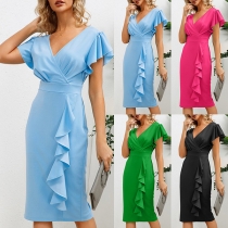 Elegant enfärgad volang V-ringad Kortärmad Bodycon-klänning med hög midja