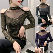 Sexig Paljettskjorta med Gaze Splits, Mock Neck och Öppna Axlar