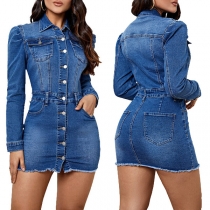 Street Mode Framknäppt Stativkrage Långärmad Frayed Hemline Gamaltvättad Denimklänning