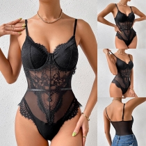 Sexig spetsskarvad Gaze V-ringad Cami Bodysuit