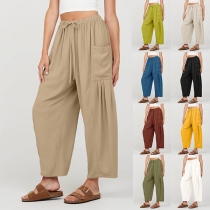 Casual Solid Color Ended Med Fickor och Dragsko i Midjan Byxor