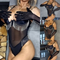 Sexig halvgenomskinlig Gaze Splits Tofs Underkläder Bodysuit med handskar