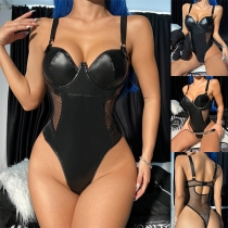 Sexig Sweetheart Halsringning Konstläder PU Splitsad Mesh Net Underkläder Bodysuit