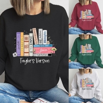 Modetryckt långärmad tröja med rund hals