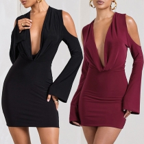 Sexig draperad V-ringad långärmad Bodycon-klänning med öppen axel