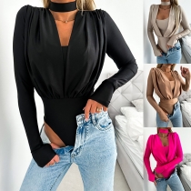 Mode enfärgad långärmad halterneck-body