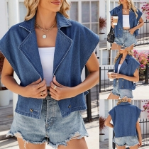 Street Fashion Dubbelknäppt Ärmlos Jeansväst med Notch Lapel