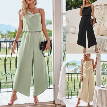 Mode Asymmetrisk Ärmlös Jumpsuit Med Vidaxlad Hals Och Breda Ben