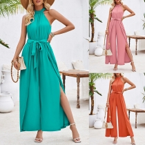 Mode Halterneck Enfärgad Ärmles Self-tie Slit Jumpsuit med vida ben