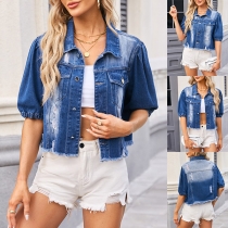 Gammaltvättad Frayed Hemline Kortärmad Crop jeansjacka
