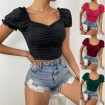 Vintage Puff Kortärmad V-hals Ruched Crop Shirt