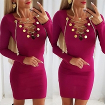 Fashion Chain Snörning V-ringad Bodycon Klänning med långa ärmar
