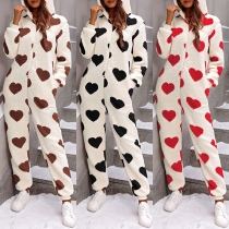Fashion Heart Printed Plysch Hooded Jumpsuit