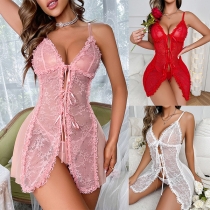 Sexig volang, V-ringad Lace Slip Nattklänning med snörning