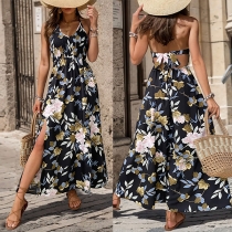 Bohemia Style Blommig tryckt V-ringad Self-tie Slit Maxiklänning