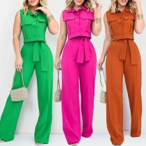 Street Fashion enfärgad tvådelad uppsättning med Crop Top och självknutna byxor med vida ben
