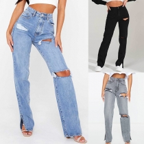 Mode Gammaltvättad Ripped Slit Rakskurna jeans Jeansbyxor