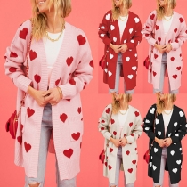 Mode-hjärttryckt långärmad stickad cardigan