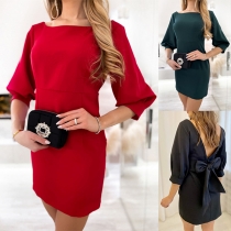 Elegant Backless Bowknot Mini Dress med fyrkantig hals och ärmar till armbågen