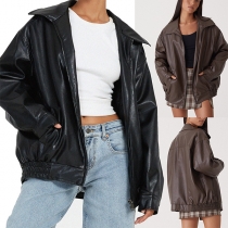 Street Fashion PU-jacka i konstläder med långärmad stativkrage i enfärgat för kvinnor
