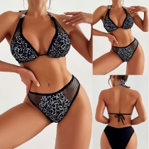 Sexig Mesh-nät Splits Halterneck Tvådelad Bikini Set