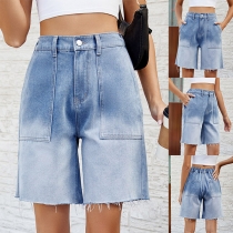 Gammaltvättade patchfickor förstörda nederkant Gradientfärg jeansshorts
