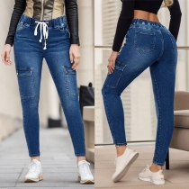 Mode Elastiska Skinny Jeans med Dragsko och Sidofickor