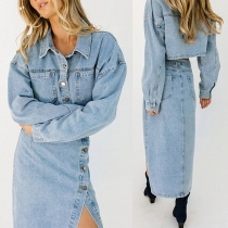 Street Fashion Denim Tvådelad Set med Crop jeansjacka och slit jeanskjol