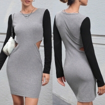 Modeklädnad med kontrastfärg, långärmad och rundhalsad bodycon-klänning med utskuren sida