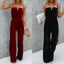 Mode Enfärgad V-ringad Högmidjede Jumpsuit med vida ben