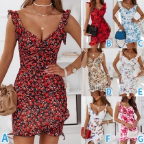 Mode blommig tryckt V-ringad Ärmlös Oregelbunden Hemline Bodycon Klänning