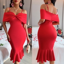 Sexig Off-the-Shoulder Ruched Fishtail Bodycon Slip Klänning