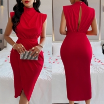 Mode enfärgad, Mock Neck, Cap-ärm, Backless, Oregelbunden Hemline, Bodycon Klänning
