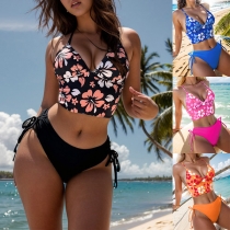Mode blommig tryckt tvådelad Bikini Set med dragsko sida