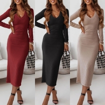 Mode enfärgad V-ringad långärmad ribbad Bodycon-klänning