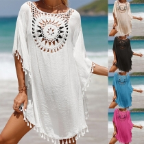 Fashion Solid Color Hollow Out Hem Long Sleeve Dress