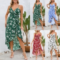 Bohemisk stil Blomtryckt V-ringad Självbinder Oregelbunden Hemline Klänning