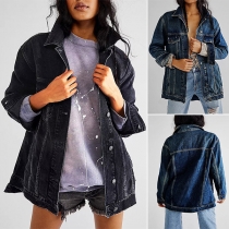 Street Fashion Stand Collar Långärmad jeansjacka för kvinnor