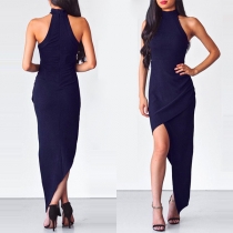 Elegant enfärgad Halter Neck Ärmlös Oregelbunden Hemline Bodycon Dress
