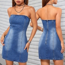 Sexig gammaltvättad axelbandslös denim Bodycon-klänning