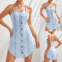 Mode frontknäppt gammaltvättad denim slipklänning